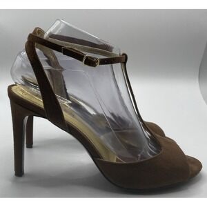 Lauren Ralph Lauren Brown Suede T-Strap Heels Open Toe Ankle Strap Women's 8 B